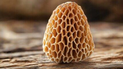 Sticker - Close-up of a wild morel mushroom showcasing its intricate honeycomb-like structure on a simple wooden surface