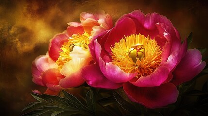 Poster - Magenta and golden peony flowers captured in close-up, with soft lighting that enhances their vivid colors and delicate textures