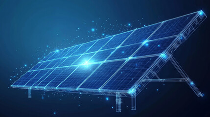 Solar cell depicted in a low-poly wireframe on a blue background. Represents clean, sustainable, and renewable energy. Vector illustration with a fantastic design.