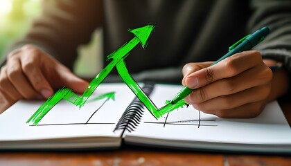 Wall Mural - Dynamic graph illustration with a positive trend sketched in a notebook, highlighting growth using a vibrant green pen and an upward arrow