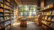 © TyliJura - Bright and cozy children's bookstore with organized wooden shelves, colorful books, and warm sunlight through large windows, peaceful and inviting reading space, bookshop interior design.