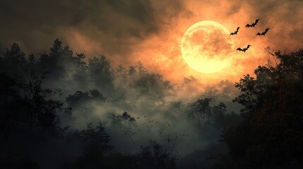 Wall Mural - a spooky halloween background featuring a full moon partially covered by eerie fog, with bats flying