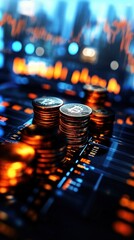 Digital trading board with an electronic display of coins stacked on top of each other, symbolizing credit ratings, financial growth