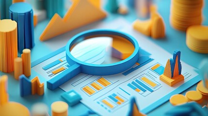 16. A highly detailed 3D paper cut art scene of a business plan analysis, with paper cut magnifying glasses, charts, and data points layered intricately on a solid backdrop