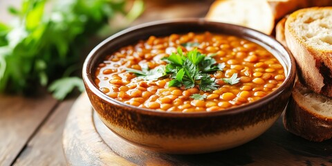 Bowl of savory vegan baked beans garnished with fresh parsley, served warm, rich and flavorful, vegan comfort food, selective focus
