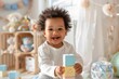 © Anna - Happy Toddler Playing with Stacking Blocks in a Bright and Cheerful Nursery - Concept of Child Development and Playtime