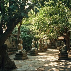 The courtyard of Wat Pho, with rows of stone Buddha statues under the shade of tall, leafy trees.