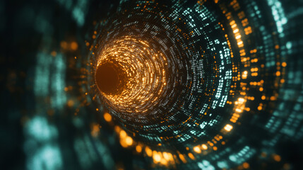 Technology background with binary code flowing through a vortex, showcasing a depth of field effect. Binary code-themed background with 3D rendering.