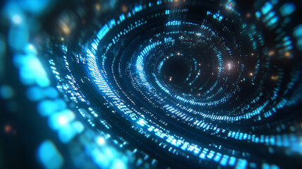 Technology background with binary code flowing through a vortex, showcasing a depth of field effect. Binary code-themed background with 3D rendering.