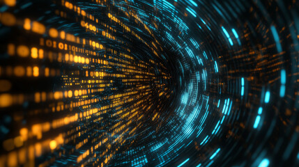 Poster - Technology background with binary code flowing through a vortex, showcasing a depth of field effect. Binary code-themed background with 3D rendering.