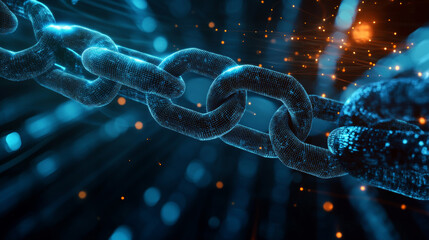Poster - Technology background depicting the concept of blockchain network. Features distributed registry technology, with 