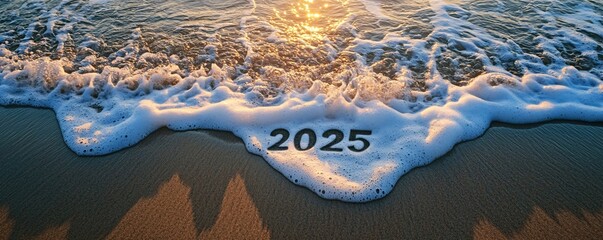 Wall Mural - 2025 is etched in the sand of a beach at sunset, as the waves gently cover it