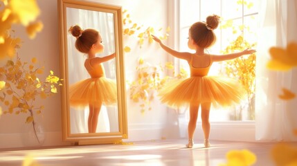 Little ballerina girl dancing in front of a mirror, bright ballet classroom with lively atmosphere