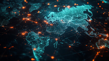 Poster - A 3D rendering of a world map with countries and cities interconnected by lines. It represents global communications, logistics, transport, and trade, with transmission lines for goods, services.
