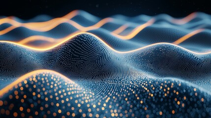 Poster - Abstract digital landscape with glowing waves and particles illuminated against a dark background, creating a futuristic visual effect