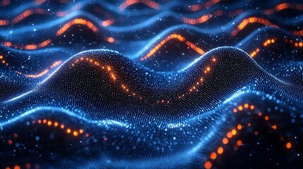 Poster - Abstract digital waves of glowing particles creating a mesmerizing pattern against a dark background in a futuristic style