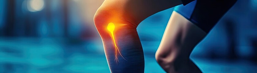 A close-up view of a knee experiencing discomfort, highlighting joint pain with a glowing effect, suitable for health and wellness themes.