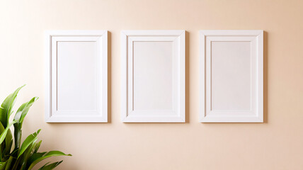 Poster - Blank wooden picture frame mockup hanging on light beige wall