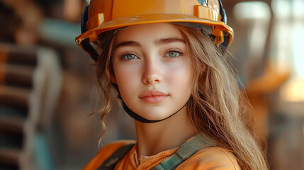 Wall Mural - A young woman in a safety helmet, posing confidently at a construction site.