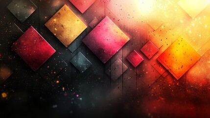 Poster - Abstract geometric design with colorful diamonds and a smoky background showcasing artistic flair and vibrant hues at dusk