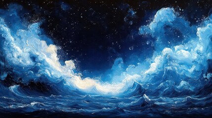 abstract ocean painting swirling blue and white cloudlike forms water droplets black background white border accent