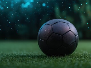 Futuristic soccer ball, smart impact sensors, holographic field map, modern sports gear innovation