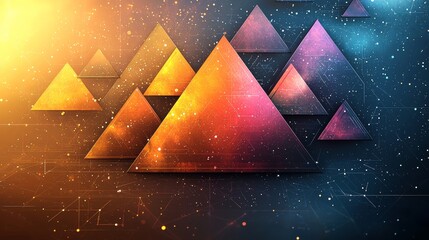 Poster - Abstract pyramids in vibrant colors create a digital artwork against a dark galaxy background with glowing lights and particles