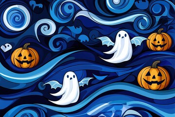 Wall Mural - Whimsical Halloween night scene with ghosts, jack o' lanterns, and swirling patterns