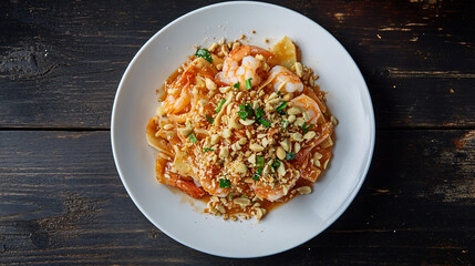 Wall Mural - Serving a scrumptious pad thai with shrimp and peanuts on a white plate atop a wooden table