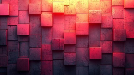 Poster - Abstract wall composed of colorful 3D cubes showcasing vibrant textures and gradients in warm shades of red and orange
