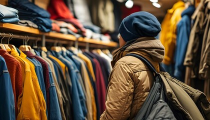 Wall Mural - Individual selecting a jacket from a clothing rack in a vibrant retail environment