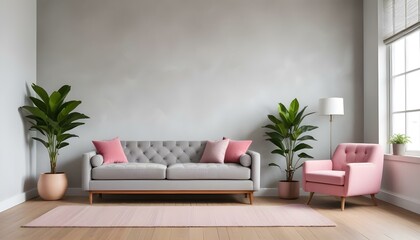 A modern living room with a gray tufted sofa, a pink armchair, and a potted plant on a wooden platform against a white textured wall 