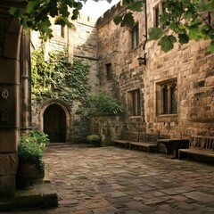 The medieval-style courtyard of Nottingham Castle, with cobblestone paths and ancient stone benches.