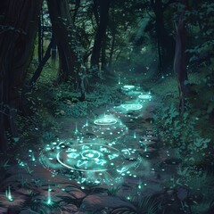 Wall Mural - Shadowy forest path with glowing, mystical symbols