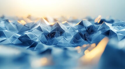 Poster - Abstract 3D geometric landscape with triangular facets illuminated by soft sunlight during the early morning hours