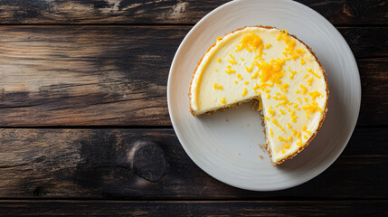 Traditional new york style lemon cheesecake on a plate on a rustic wooden table