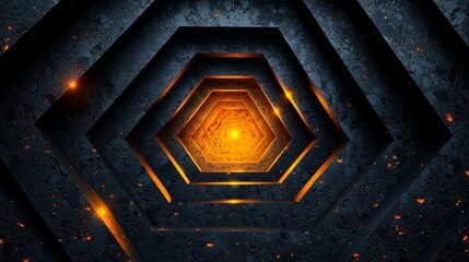 Poster - Abstract geometric pattern with glowing center and metallic textures in dark tones, creating a captivating depth effect