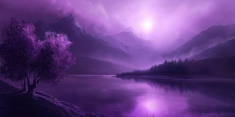 Wall Mural - A purple mountain range with a purple tree in the foreground. The sky is purple and the sun is setting