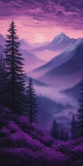 Wall Mural - A painting of a mountain range with purple trees and a purple sky. The mood of the painting is serene and peaceful