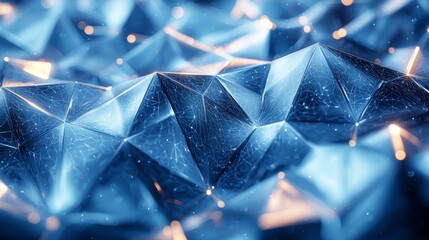 Poster - Abstract representation of blue crystalline structures with sharp peaks and soft glowing lights