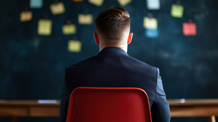 Poster - A man is sitting in a red chair in front of a chalkboard with many notes on it. He is focused and attentive, possibly preparing for a meeting or a presentation