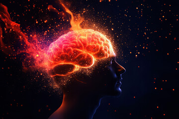 Poster - A man's brain is on fire, with sparks flying out of it. Concept of chaos and destruction, as if the man's thoughts are causing a physical explosion. The brain is the central focus of the image