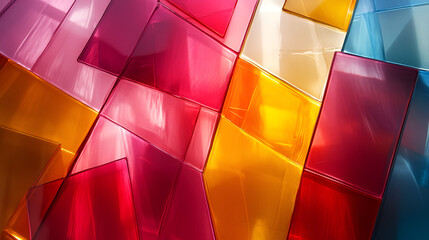 Aufkleber - Colorful abstract glass panels reflecting sunlight in a vibrant display of red, orange, yellow, and blue hues during the day