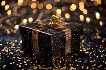 A black gift box with a glittery gold ribbon and sparkles, set against a backdrop of bokeh lights, creating a luxurious festive atmosphere.