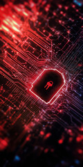 Aufkleber - A red and black image of a man with a key in his hand. The image is of a computer chip with a red keyhole