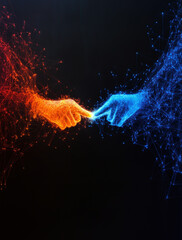 Poster - Two hands are touching each other with a blue and red finger pointing at each other. Concept of connection and unity between the two hands