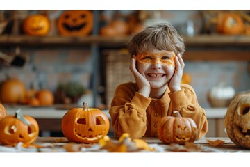 A joyful child wearing a Halloween mask, surrounded by carved pumpkins, celebrating the festive spirit in a warm and inviting setting.