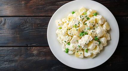 Wall Mural - Creamy potato salad on a white plate with fresh herbs and green peas