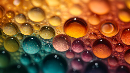 Aufkleber - Colorful droplets on a surface create an abstract pattern in a close-up shot during a studio session