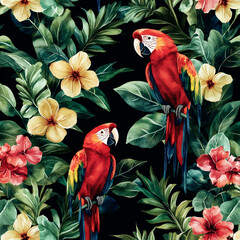 Wall Mural - Tropical leaves and flowers with colorful parrots in a seamless pattern on a black background.
